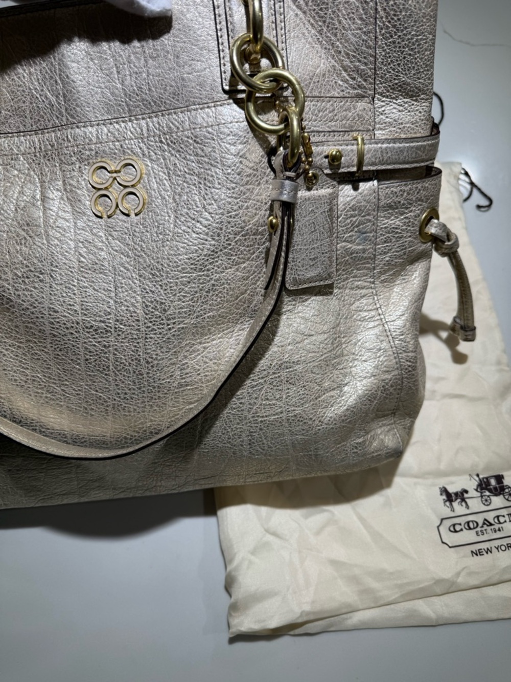 COACH 16437 Leather Shoulder Tote, Metallic, Gold toned hardware, storage bag